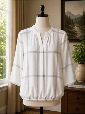 41 Hawthorn Stitch Fix Windowpane Blouse White Gray Split Neck L